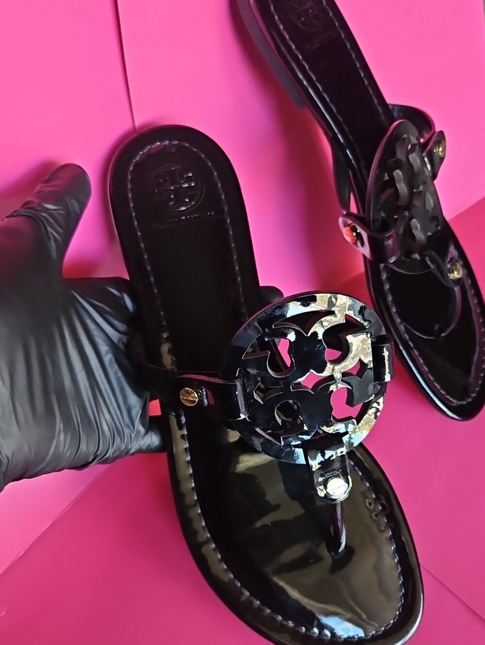 Tory Burch Black Miller Patent Leather Thong Sandals with Gold Accent Hardware